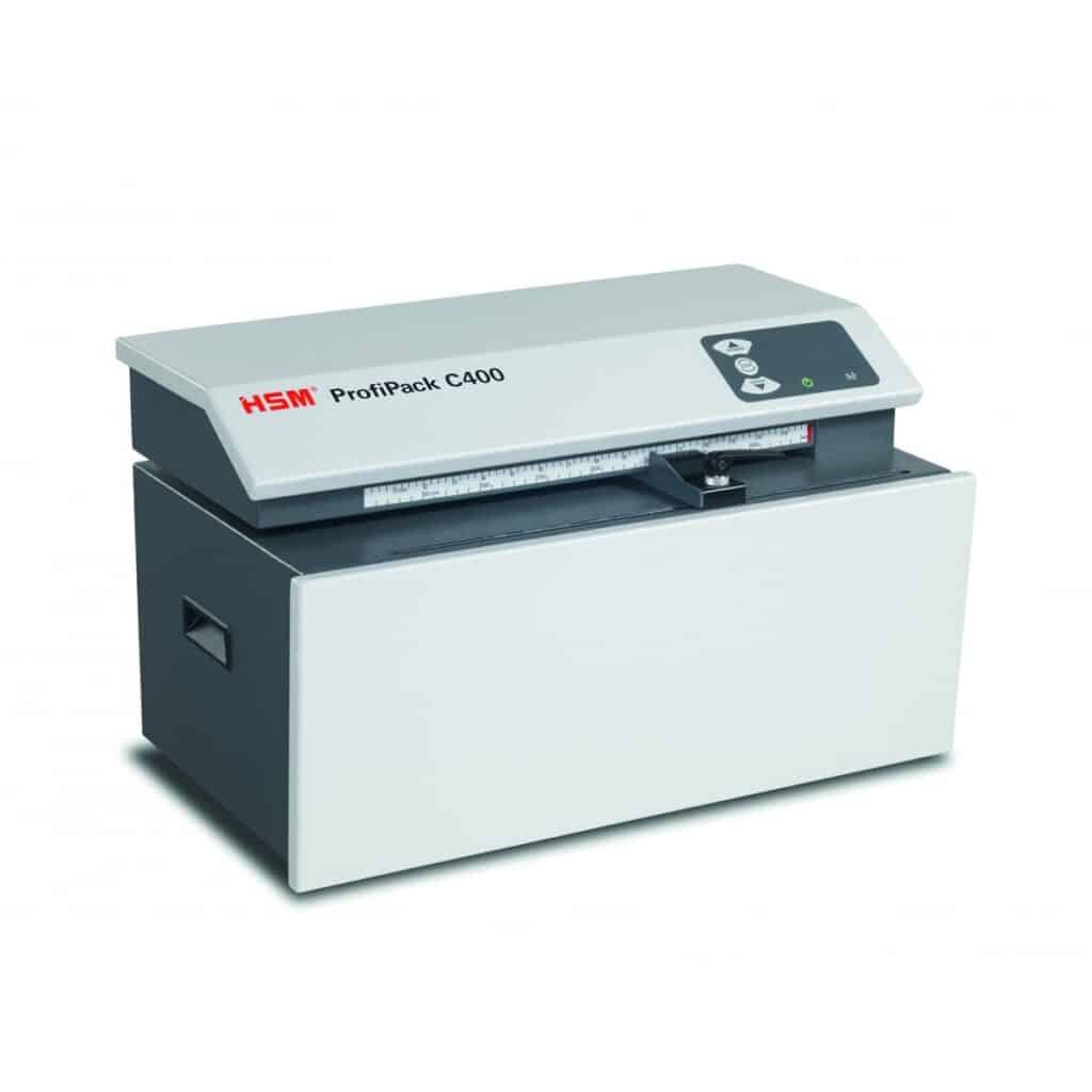 CLC | An HSM ProfiPack 400 cardboard shredder with a white cover.