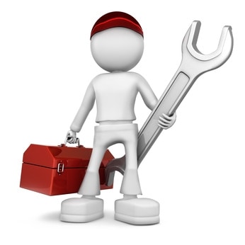 CLC | A 3D man with a wrench and toolbox performing repairs on a white background.