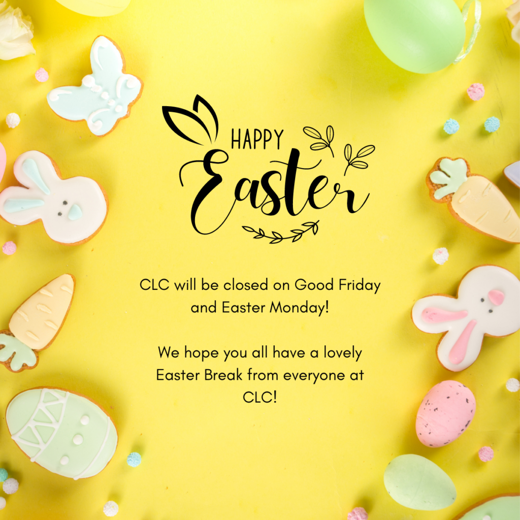 CLC | A festive easter greeting auto draft announcement with decorations and holiday-themed cookies on a yellow background.